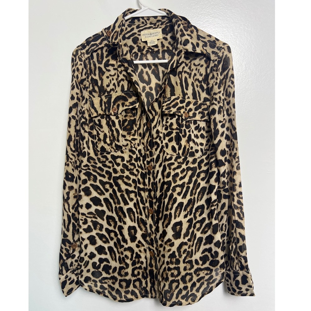 Denim & Supply Ralph Lauren‎ Leopard Print Button Down Shirt XS Tan Brown Animal
